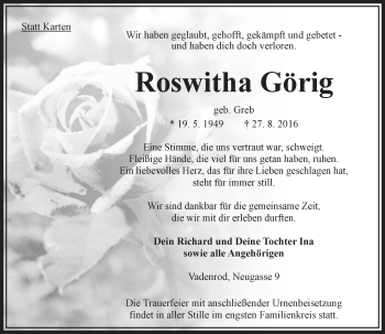 Traueranzeige von Roswitha Görig von VRM Trauer