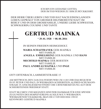 Traueranzeige von Gertrud Mainka von Trauerportal Rhein Main Presse