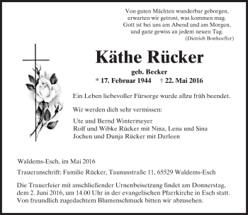 Traueranzeige von Käthe Rücker von  Camberger Anzeiger