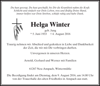Traueranzeige von Helga Winter von  Usinger Anzeiger Traueranzeige von Helga Winter von  Usinger Anzeiger