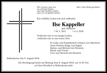 Traueranzeige von Ilse Kapeller von  Gießener Anzeiger
