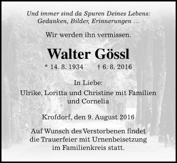 Traueranzeige von Walter Gössl von  Gießener Anzeiger
