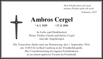 Traueranzeige von Ambros Cergel von  Camberger Anzeiger