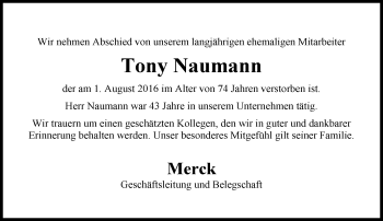 Traueranzeige von Tony Naumann von Trauerportal Echo Online