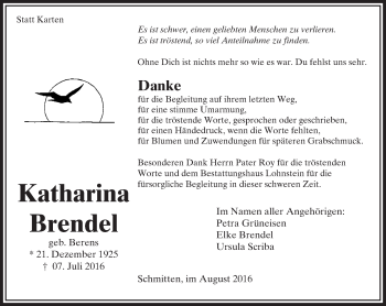 Traueranzeige von Katharina Brendel von  Usinger Anzeiger