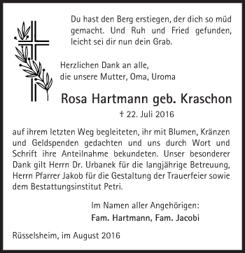 Traueranzeige von Rosa Hartmann von Trauerportal Rhein Main Presse