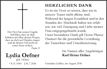 Traueranzeige von Lydia Oefner von  GT am Sonntag