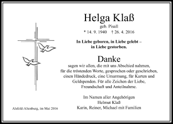 Traueranzeige von Helga Klaß von VRM Trauer