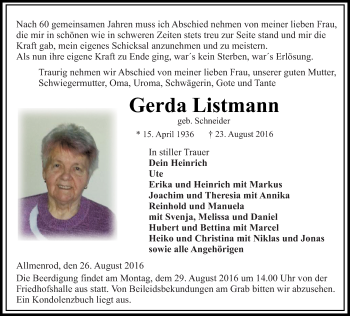 Traueranzeige von Gerda Listmann von VRM Trauer
