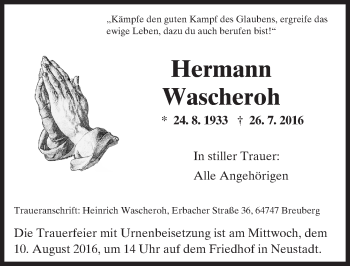 Traueranzeige von Hermann Wascheroh von Trauerportal Echo Online