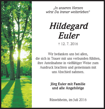 Traueranzeige von Hildegard Euler von Trauerportal Rhein Main Presse