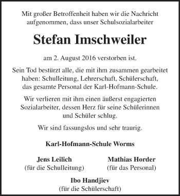 Traueranzeige von Stefan Imschweiler von Trauerportal Rhein Main Presse