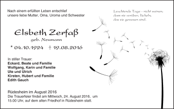 Traueranzeige von Elsbeth Zerfaß von Trauerportal Rhein Main Presse