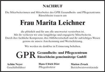 Traueranzeige von Marita Leichner von Trauerportal Rhein Main Presse