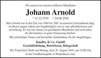 Traueranzeige von Johann Arnold von Trauerportal Rhein Main Presse