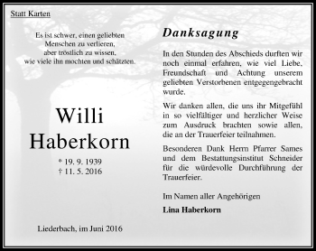Traueranzeige von Willi Haberkorn von VRM Trauer