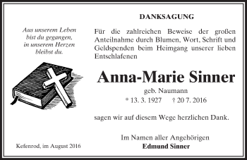 Traueranzeige von Anna-Marie Sinner von  Kreisanzeiger