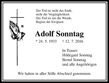 Traueranzeige von Adolf Sonntag von  Gießener Anzeiger