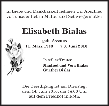 Traueranzeige von Elisabeth Bialas von  Gelnhäuser Tageblatt