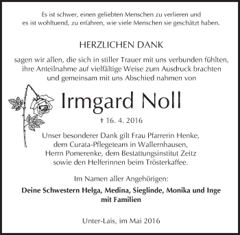 Traueranzeige von Irmgard Noll von  Kreisanzeiger