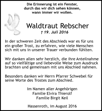 Traueranzeige von Waldtraut Rebscher von Trauerportal Echo Online
