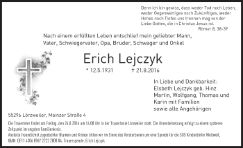 Traueranzeige von Erich Lejczyk von Trauerportal Rhein Main Presse