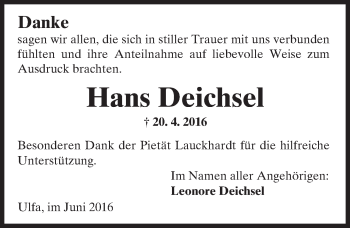 Traueranzeige von Hans Deichsel von  Kreisanzeiger