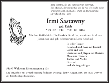 Traueranzeige von Irmi Sastawny von Trauerportal Rhein Main Presse