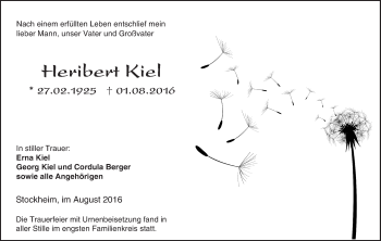 Traueranzeige von Heribert Kiel von  Kreisanzeiger