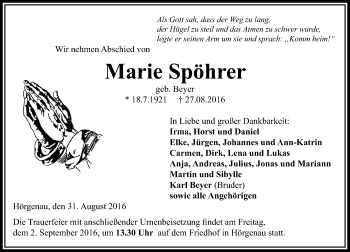 Traueranzeige von Marie Spöhrer von VRM Trauer