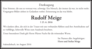 Traueranzeige von Rudolf Meige von  Sonntags Anzeiger