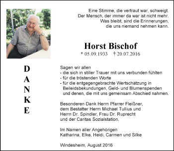 Traueranzeige von Horst Bischof von Trauerportal Rhein Main Presse
