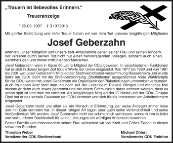 Traueranzeige von Josef Geberzahn von Trauerportal Rhein Main Presse