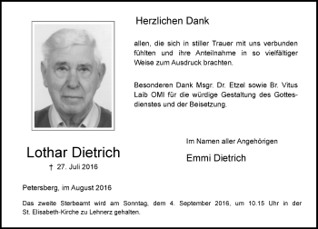 Traueranzeige von Lothar Dietrich von VRM Trauer