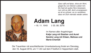 Traueranzeige von Adam Lang von Trauerportal Echo Online