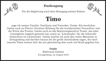 Traueranzeige von Timo Zahlten von Trauerportal Echo Online