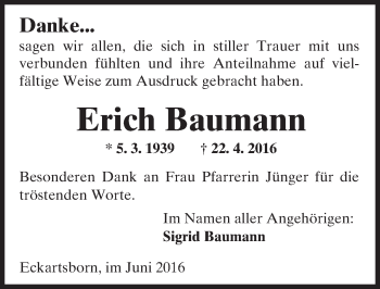Traueranzeige von Erich Baumann von  Kreisanzeiger