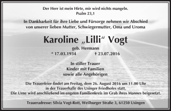 Traueranzeige von Karoline Vogt von  Usinger Anzeiger