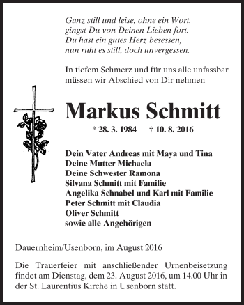 Traueranzeige von Markus Schmitt von  Kreisanzeiger