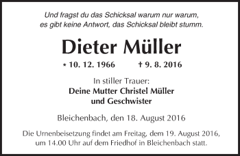 Traueranzeige von Dieter Müller von  Kreisanzeiger