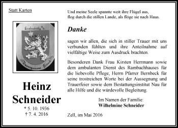 Traueranzeige von Heinz Schneider von VRM Trauer