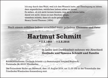 Traueranzeige von Hartmut Schmitt von Trauerportal Rhein Main Presse