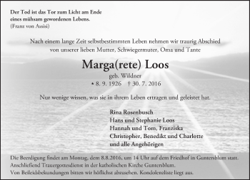 Traueranzeige von Margarete Loos von Trauerportal Rhein Main Presse