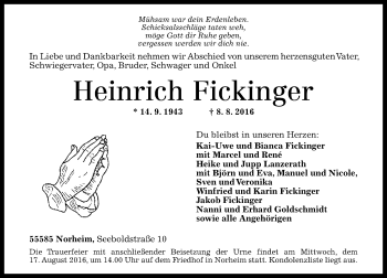 Traueranzeige von Heinrich Fickinger von Trauerportal Rhein Main Presse