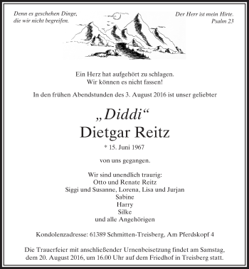 Traueranzeige von Dietgar Reitz von  Usinger Anzeiger