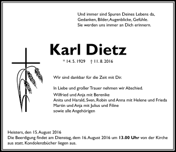 Traueranzeige von Karl Dietz von VRM Trauer