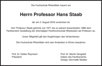 Traueranzeige von Hans Staab von Trauerportal Rhein Main Presse