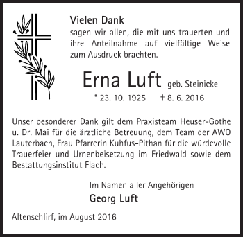 Traueranzeige von Erna Luft von  OK Oberhessen Kurier