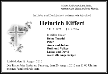 Traueranzeige von Heinrich Eiffert von VRM Trauer