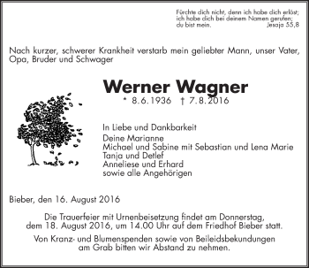 Traueranzeige von Werner Wagner von  Gießener Anzeiger